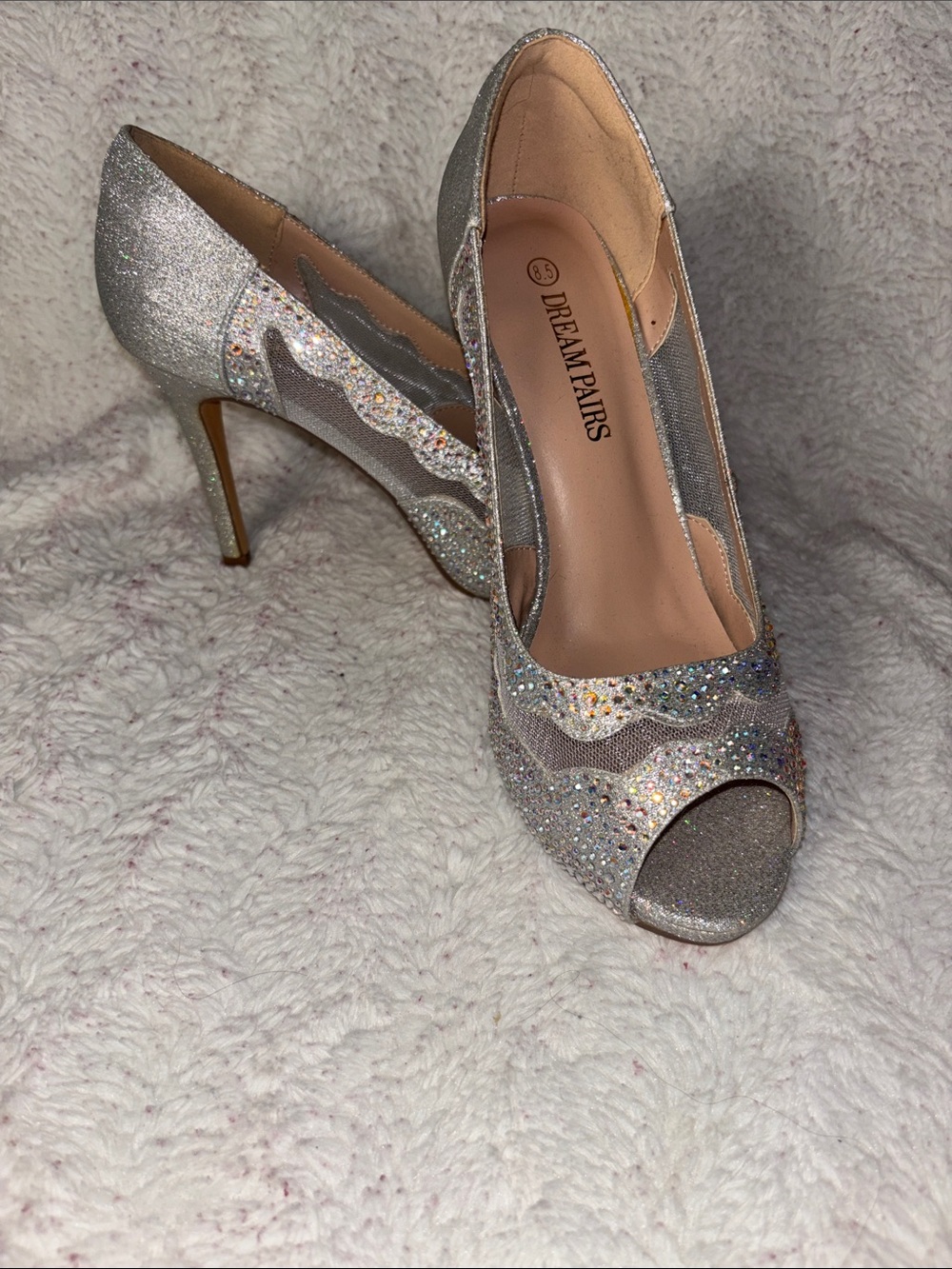 Dream Pairs Silver Glitter Peep-Toe Pumps with Crystal Accents
